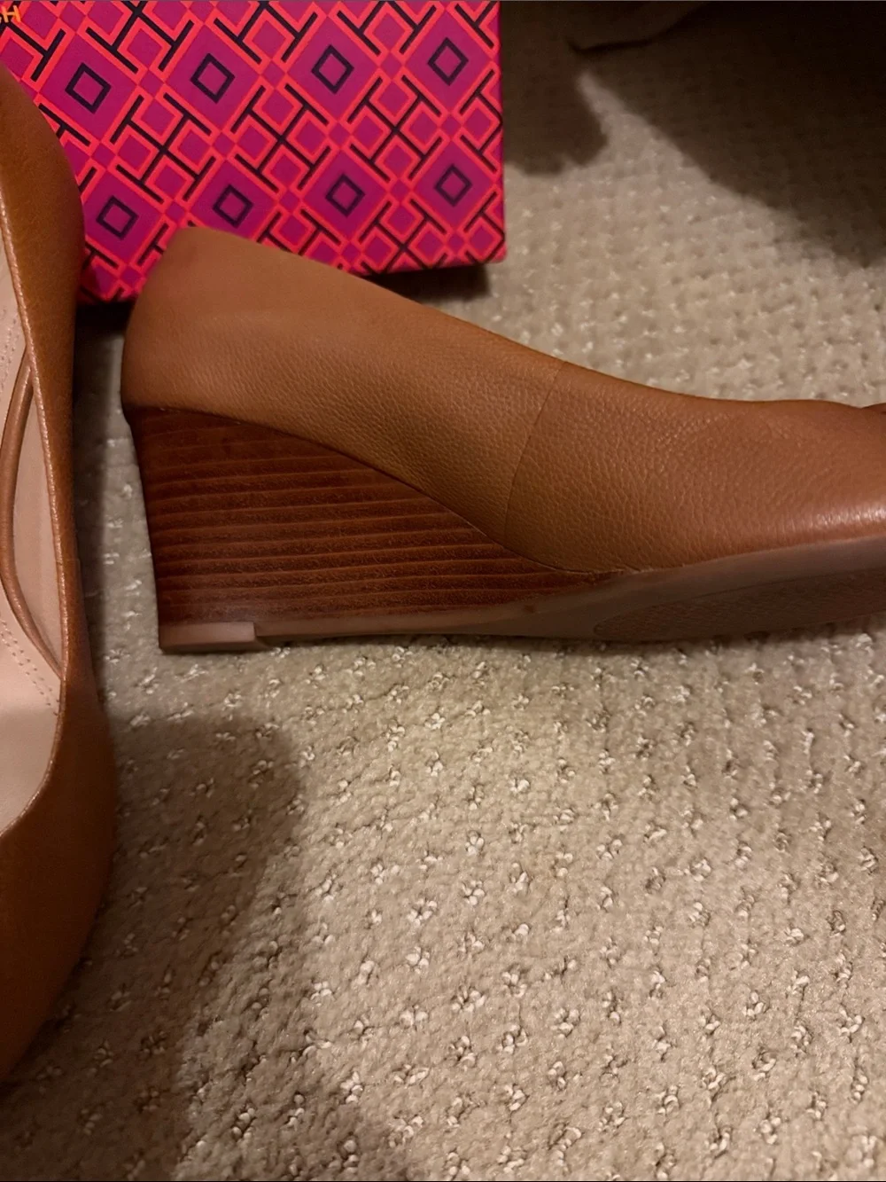 Tory Burch Brown Leather Logo Round-Toe Wedges